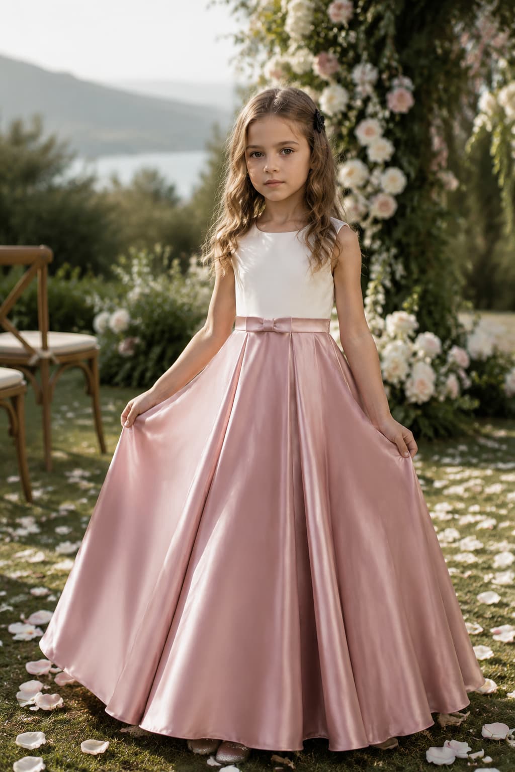 Flower Girl Dresses Satin V-Back Bow Straps Floor Length Wedding Gown 1058875849330