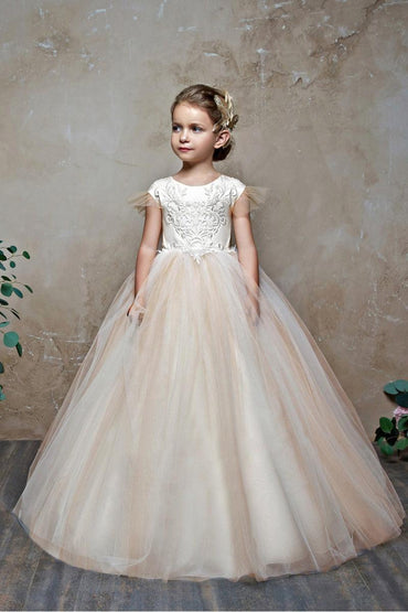 A-Line Illusion Lace Sweep-Brush Train Tulle Flower Girl Dresses 672076219063 - 7 Days / Champagne / 90cm - COCOMELODY