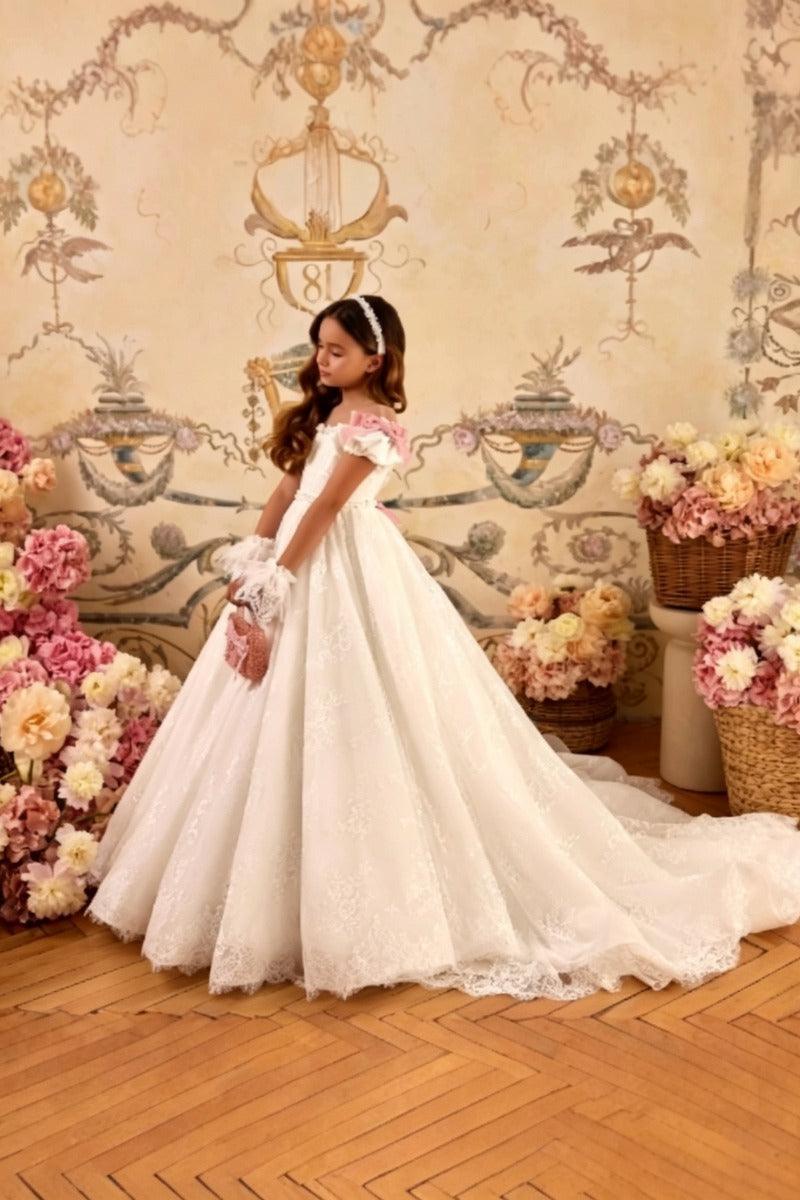 A-Line Off-Shoulder Tulle with Pink Bows Flower Girl Dresses 769956751133 - 15 Days / White / 2 - COCOMELODY