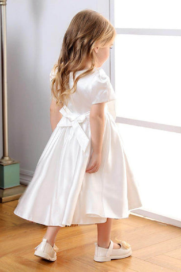 A-Line Illusion Neck Short Sleeves Satin Flower Girl Dresses With Bow(s) 669333816098 - COCOMELODY