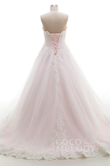 A-Line Sweep-Brush Train Tulle Lace Wedding Dress B14A0052 - COCOMELODY