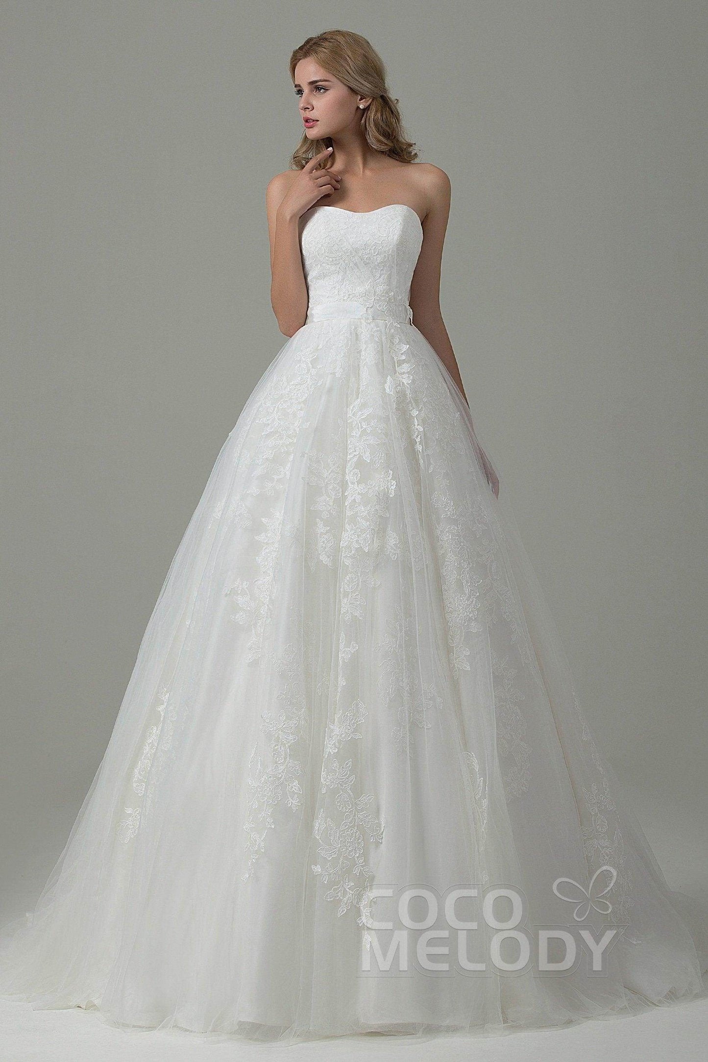 A-Line Court Train Tulle and Lace Wedding Dress B14E3A024 - COCOMELODY