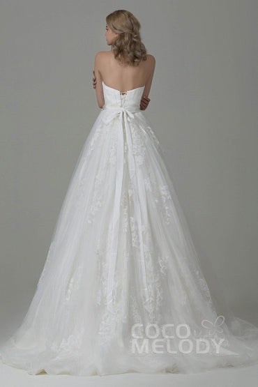 A-Line Court Train Tulle and Lace Wedding Dress B14E3A024 - COCOMELODY