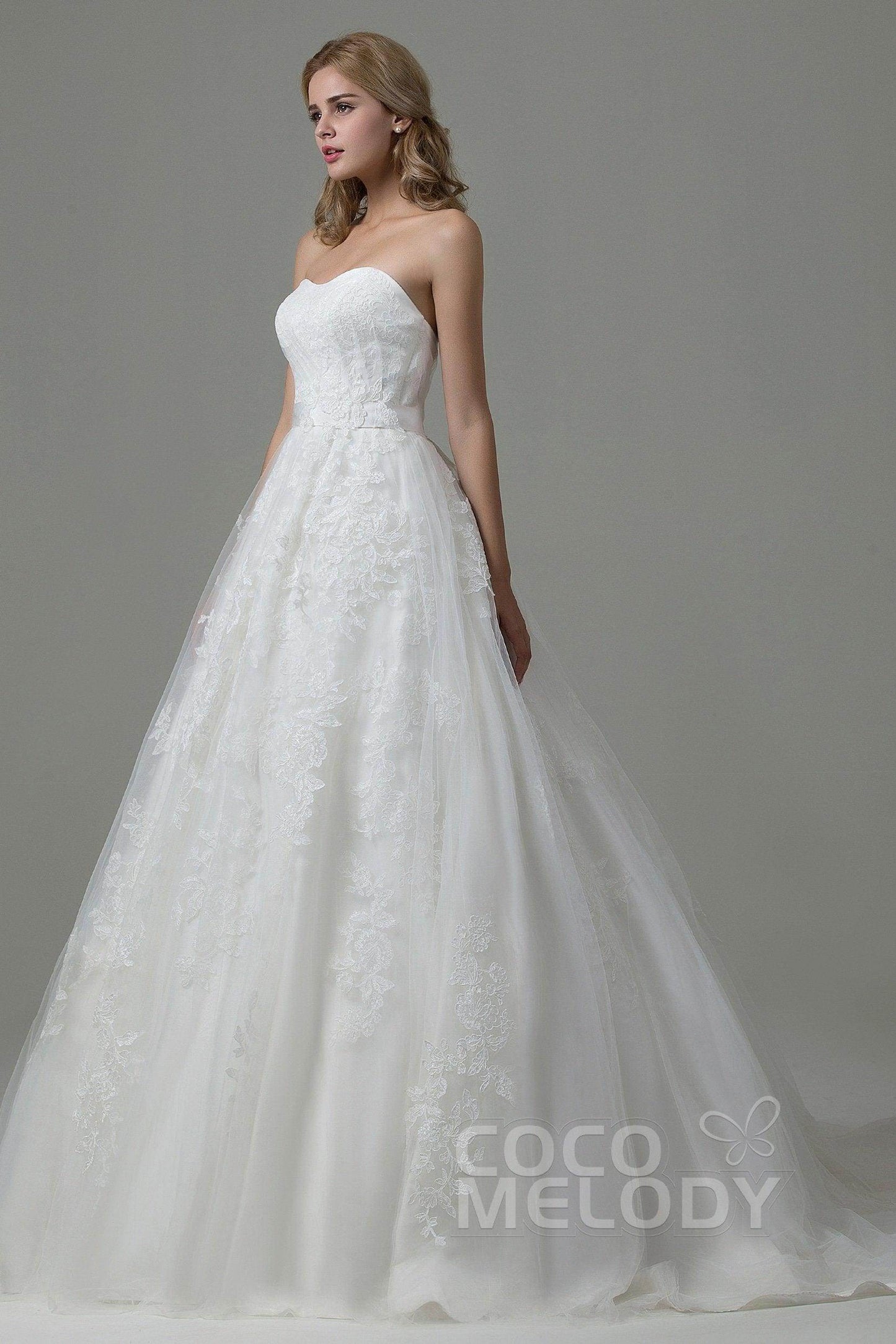 A-Line Court Train Tulle and Lace Wedding Dress B14E3A024 - COCOMELODY