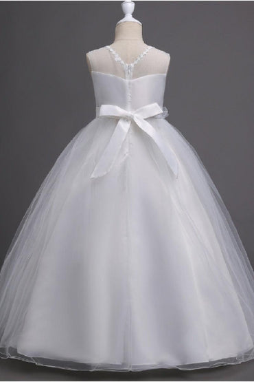 A-Line Illusion Neck Appliques Floor Length Tulle Flower Girl Dresses 1031510840050 - 7 Days / Turquoise / 120cm - COCOMELODY