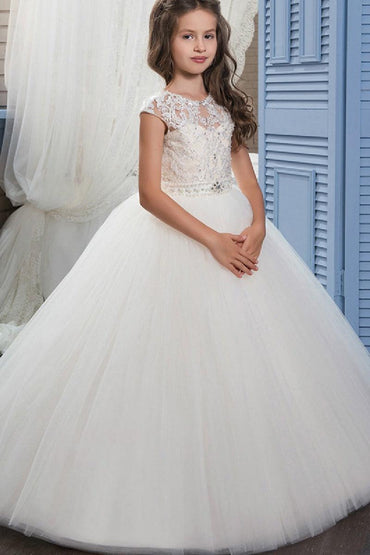 A-Line Illusion Neck Sleeves Tulle Sweep-Brush Train Flower Girl Dresses 654966166039 - 7 Days / Ivory / 2 - COCOMELODY