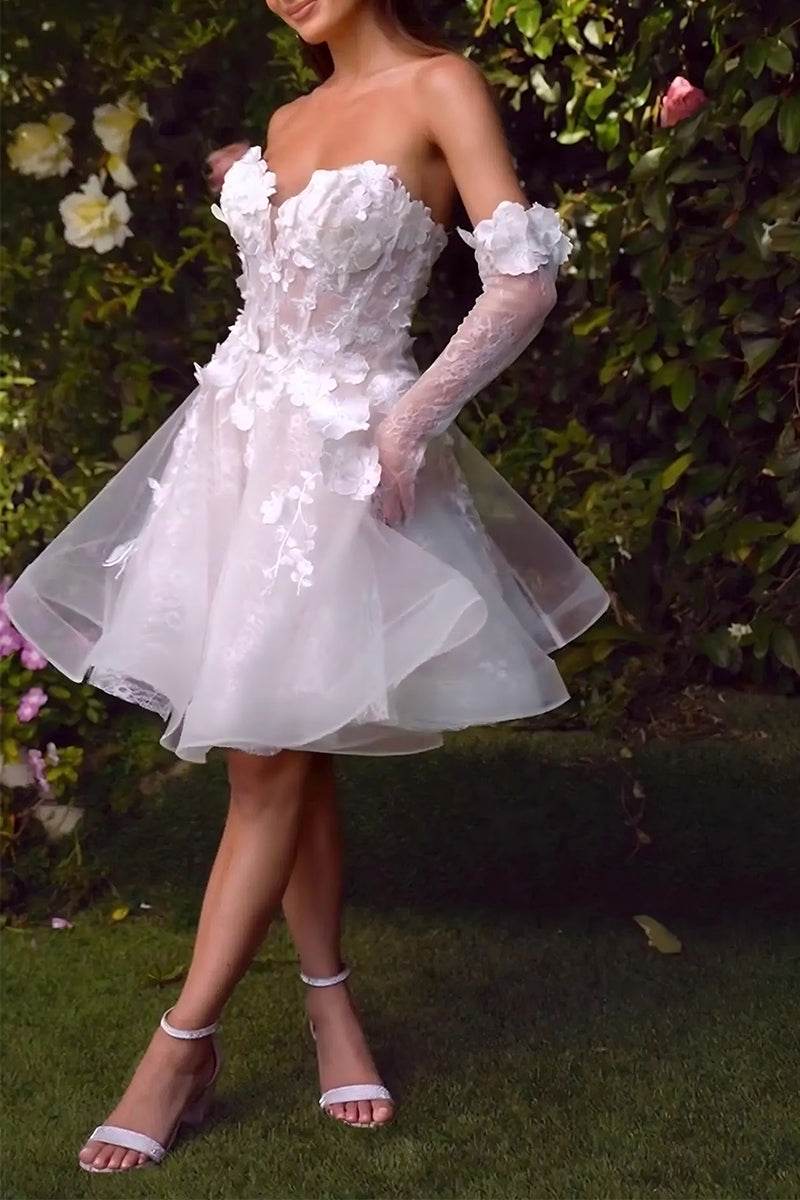 A-Line Short-Mini Lace Tulle Little White Dress 100027 - COCOMELODY