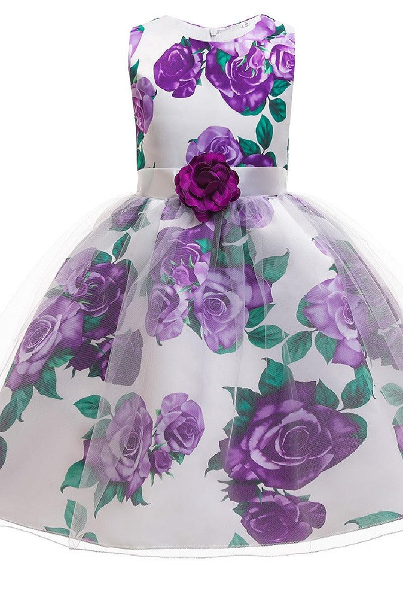 Princess Sleeveless Round Neck Floral Print Knee Length Stain Flower Girl Dresses 1029258726192 - 7 Days / Purple / 6Y - COCOMELODY