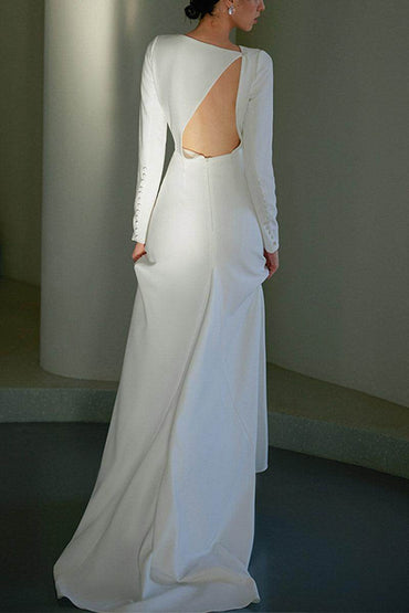 A-Line Sweep-Brush Train Stretch Satin Wedding Dress 681779653285 - COCOMELODY