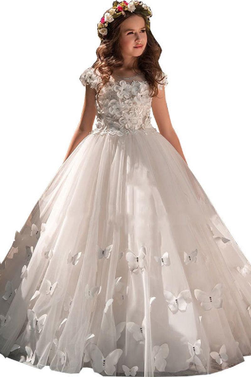 Ball Gown Illusion Neck Cap Sleeve Tulle Court Train Flower Girl Dresses 616972096505 - 7 Days / White / 2 - COCOMELODY