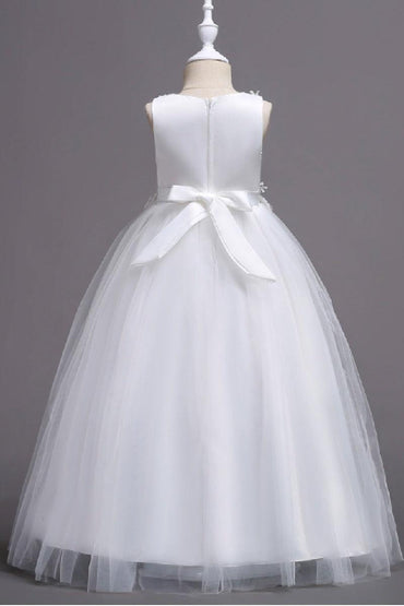 A-Line Sleeveless Illusion Neck Floral Lace Floor Length Tulle Flower Girl Dresses 1031510840167 - 7 Days / White / 120cm - COCOMELODY