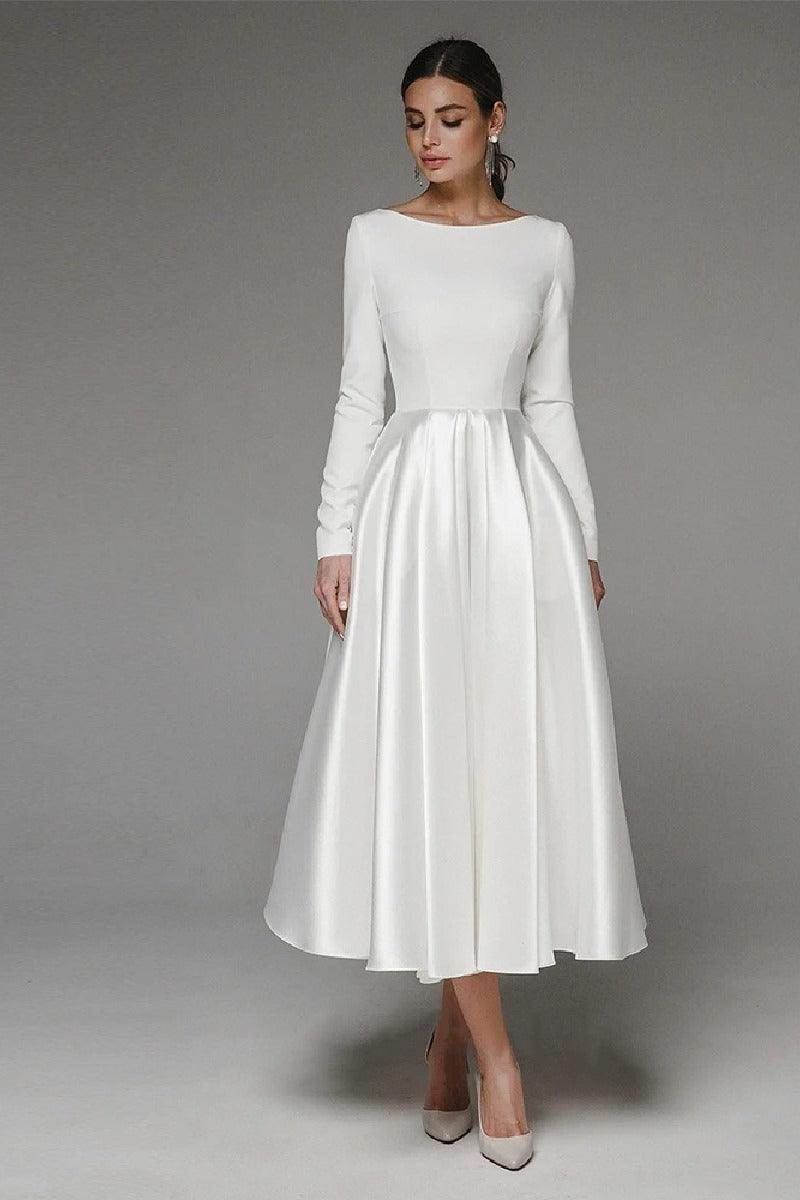 A-Line Tea Length Satin Wedding Dress 745249926431 - COCOMELODY