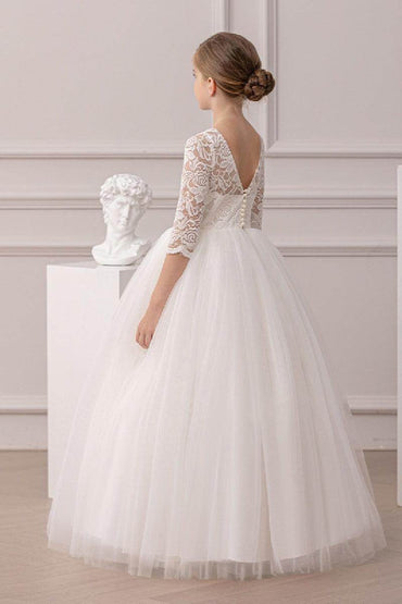 Ball-Gown Illusion Neck 3/4 Length Sleeve Lace/Tulle Flower Girl Dresses With Lace 855880153423 - COCOMELODY