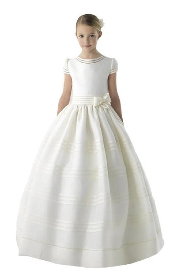 A-Line Bateau Neck Short Cap Puff Sleeves Satin Floor Length Flower Girl Dresses 920076518989 - 10 Days / White / 2 - COCOMELODY