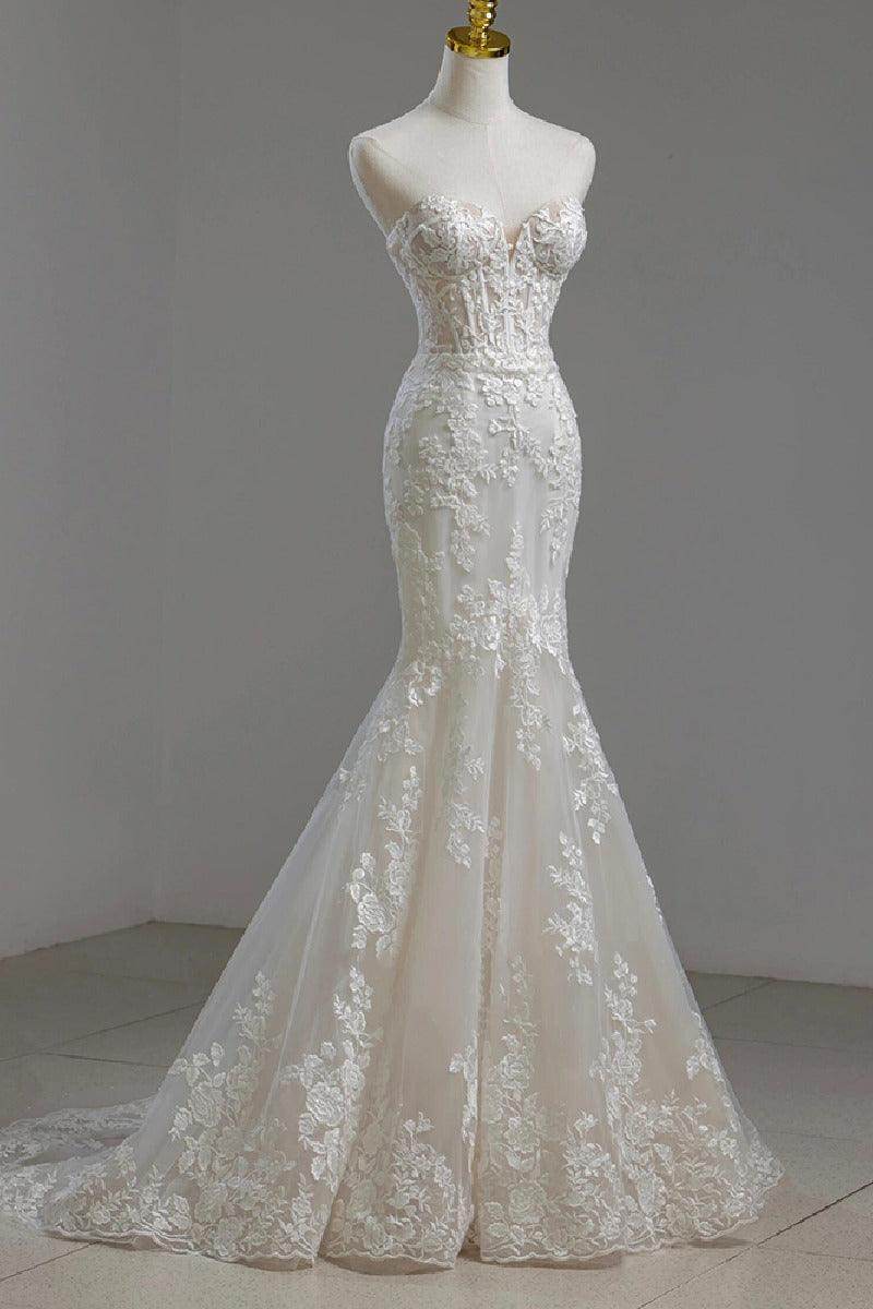 Trumpet-Mermaid Sweep-Brush Train Lace Tulle Wedding Dress795300012049 - COCOMELODY