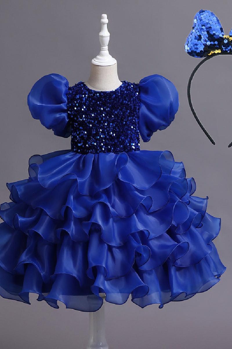 Princess Puff Sleeve Sequin Ruffled Organza Knee Length Flower Girl Dresses 1029252510739 - 7 Days / Navy / 100cm - COCOMELODY