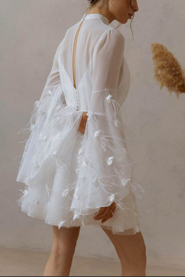 A-Line Short-Mini Chiffon Tulle Little White Dress 100021 - COCOMELODY