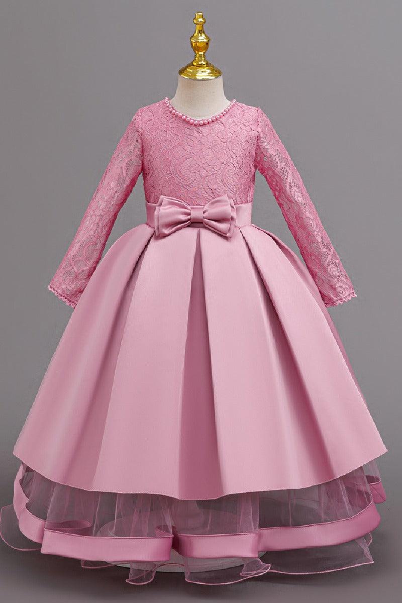 A-Line Pearl Neck Long Sleeve Satin Ankle Length Flower Girl Dresses 1049638009353 - 7 Days / Dusty Rose / 120cm - COCOMELODY