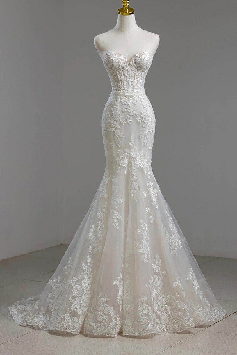 Trumpet-Mermaid Sweep-Brush Train Lace Tulle Wedding Dress795300012049 - COCOMELODY