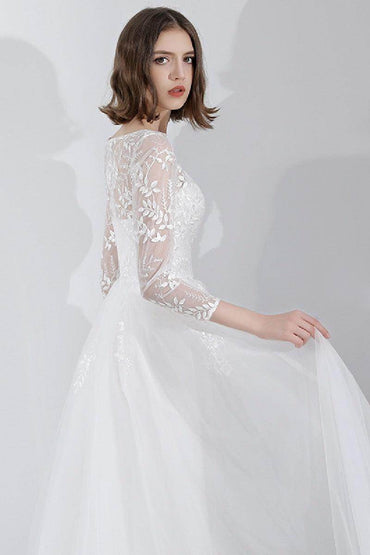 A-Line Floor Length Lace Tulle Wedding Dress 629871670095 - COCOMELODY