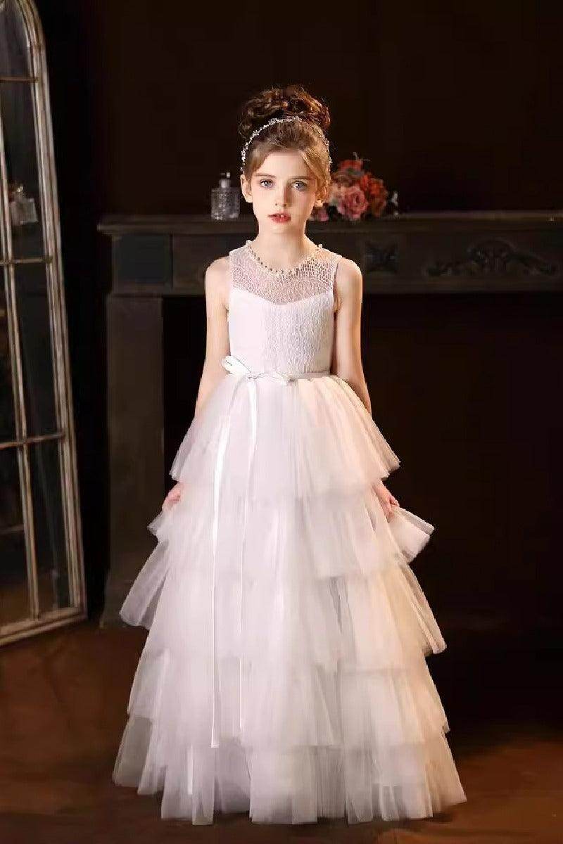 A-Line Scoop Neck Lace/Tulle Flower Girl Dresses With Cascading Ruffles 809160851086 - COCOMELODY