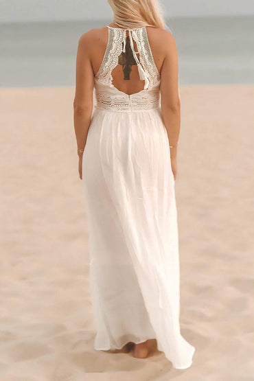 A-Line Floor Length Lace Chiffon Little White Dress 100026 - COCOMELODY