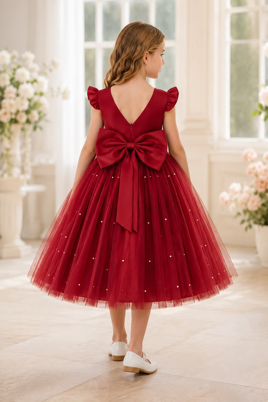 Tulle Pearl Bow Back Knee Length Ruffle Cap Sleeve Flower Girl Dresses 652115065250