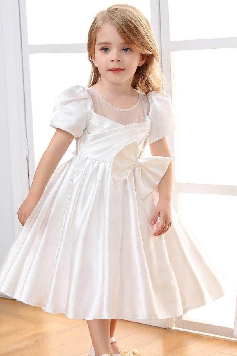 A-Line Illusion Neck Short Sleeves Satin Flower Girl Dresses With Bow(s) 669333816098 - COCOMELODY
