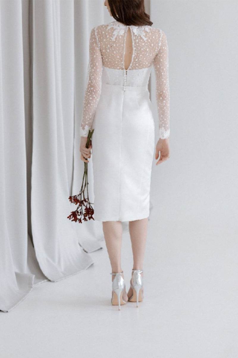 Sheath-Column Tea Length Lace Satin Little White Dress 100002 - COCOMELODY