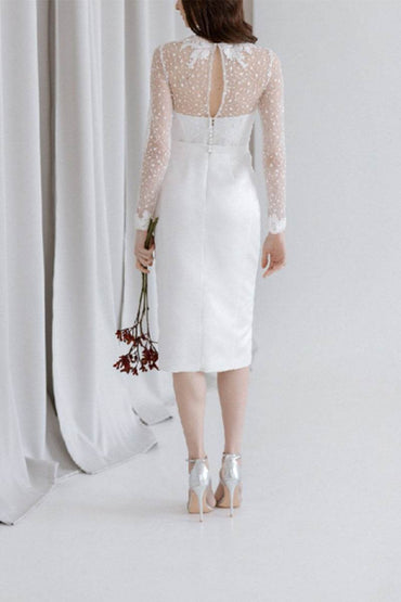 Sheath-Column Tea Length Lace Satin Little White Dress 100002 - COCOMELODY
