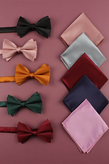 Men's 2-Piece Elastic Silk Like Satin Bow Ties Pocket Square 641989567542 - COCOMELODY