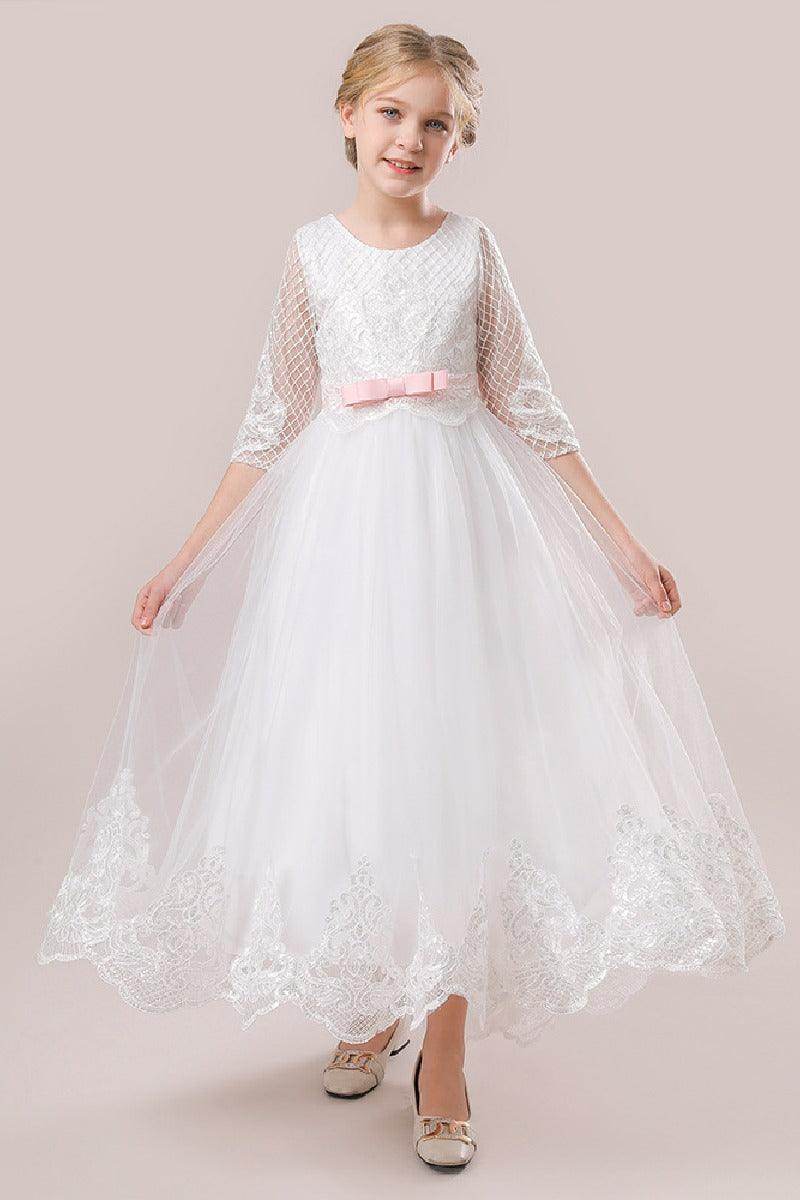 A-Line Scoop Neck 3/4 Length Sleeve Lace/Tulle Flower Girl Dresses 720237891676 - COCOMELODY