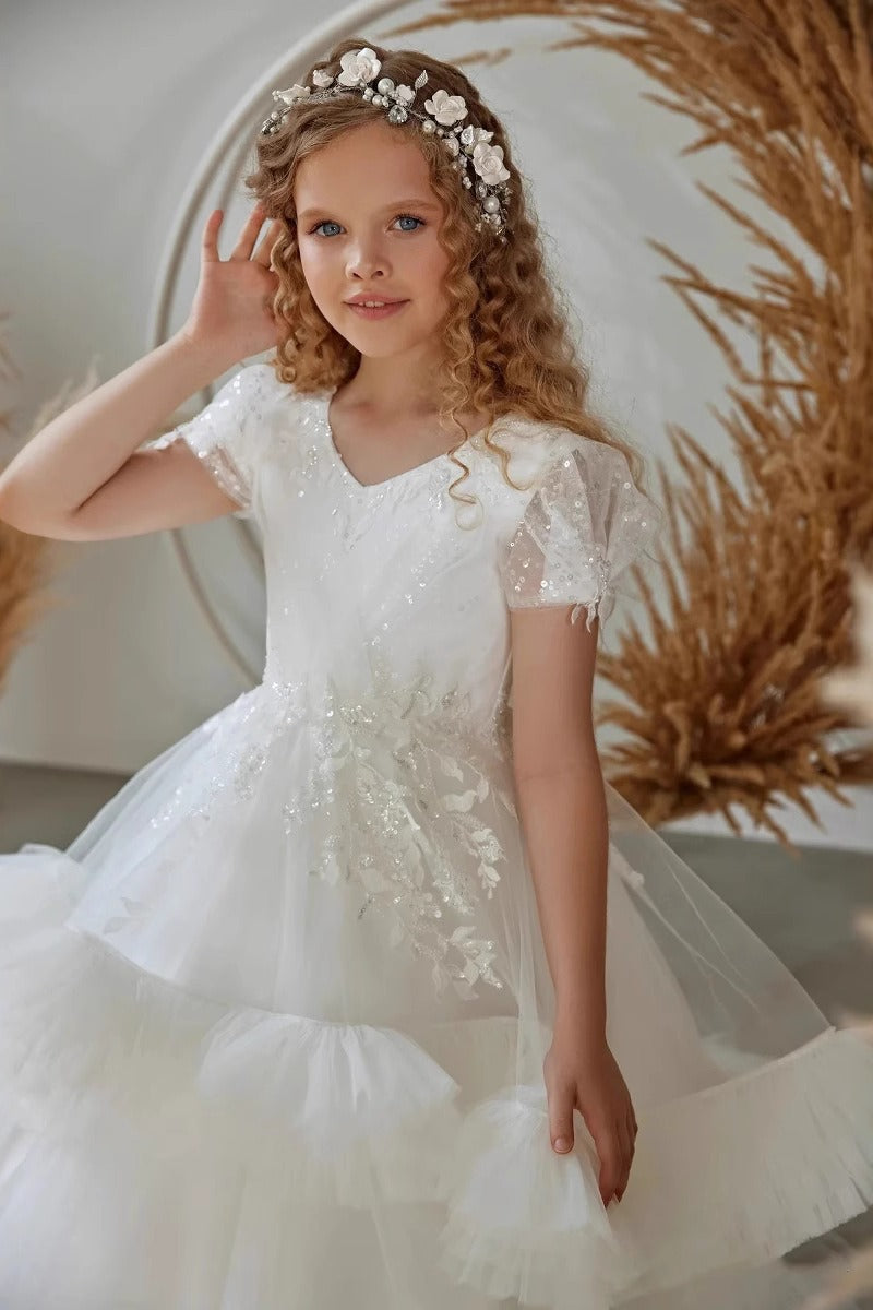 Floor Length A-Line V-Neck Short Sleeve Tulle Flower Girl Dresses 937502824085