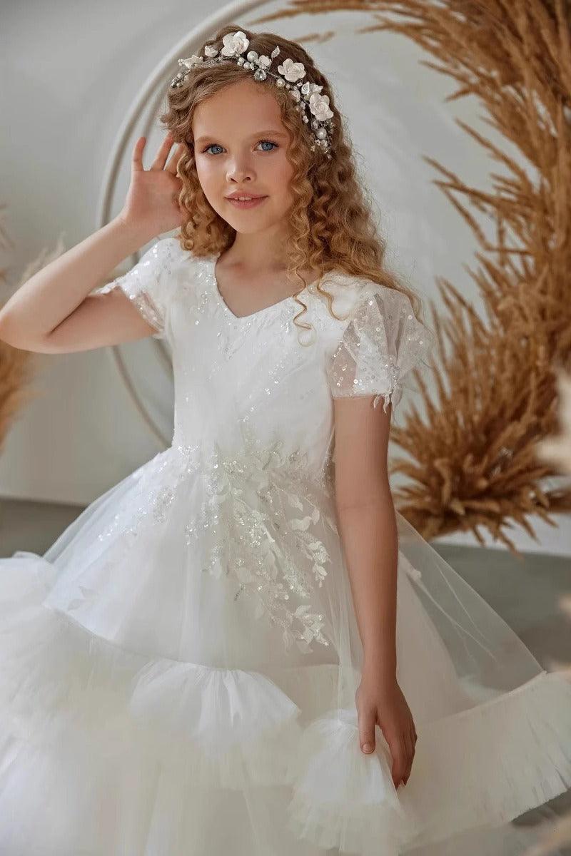 Floor Length A-Line V-Neck Short Sleeve Tulle Flower Girl Dresses 937502824085 - 10 Days / White / 2 - COCOMELODY