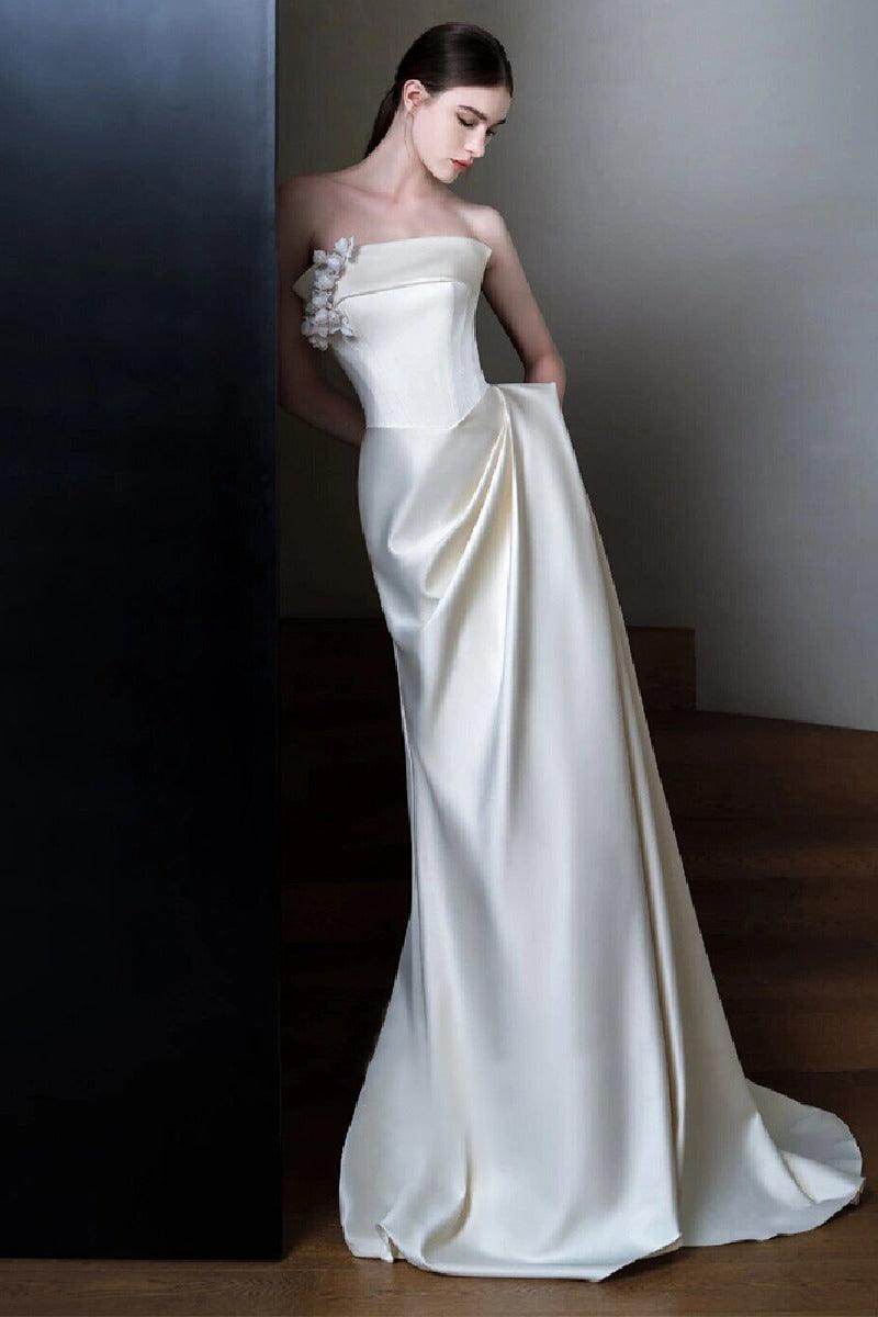 Sheath-Column Sweep-Brush Train Satin Wedding Dress 761888350591 - COCOMELODY
