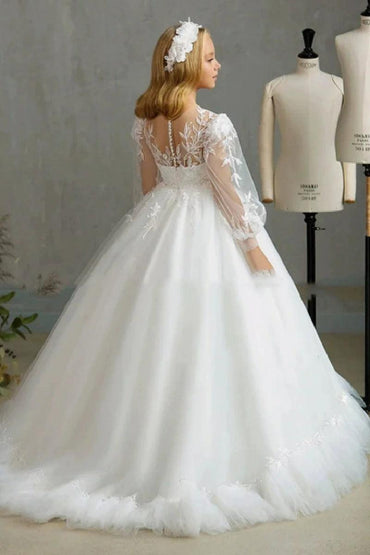 Ball Gown Illusion Sweetheart Neck Sheer Puff Long Lace Sleeves Flower Girl Dresses 733237512683 - 10 Days / White / 2 - COCOMELODY