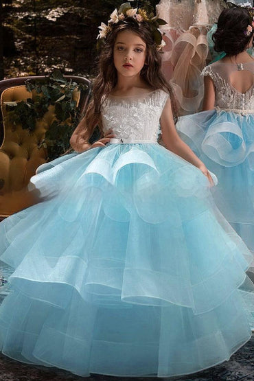 Illusion Round Sleeveless Neck Organza Floor Length Flower Girl Dresses 641380990865 - 10 Days / Blue / 2 - COCOMELODY