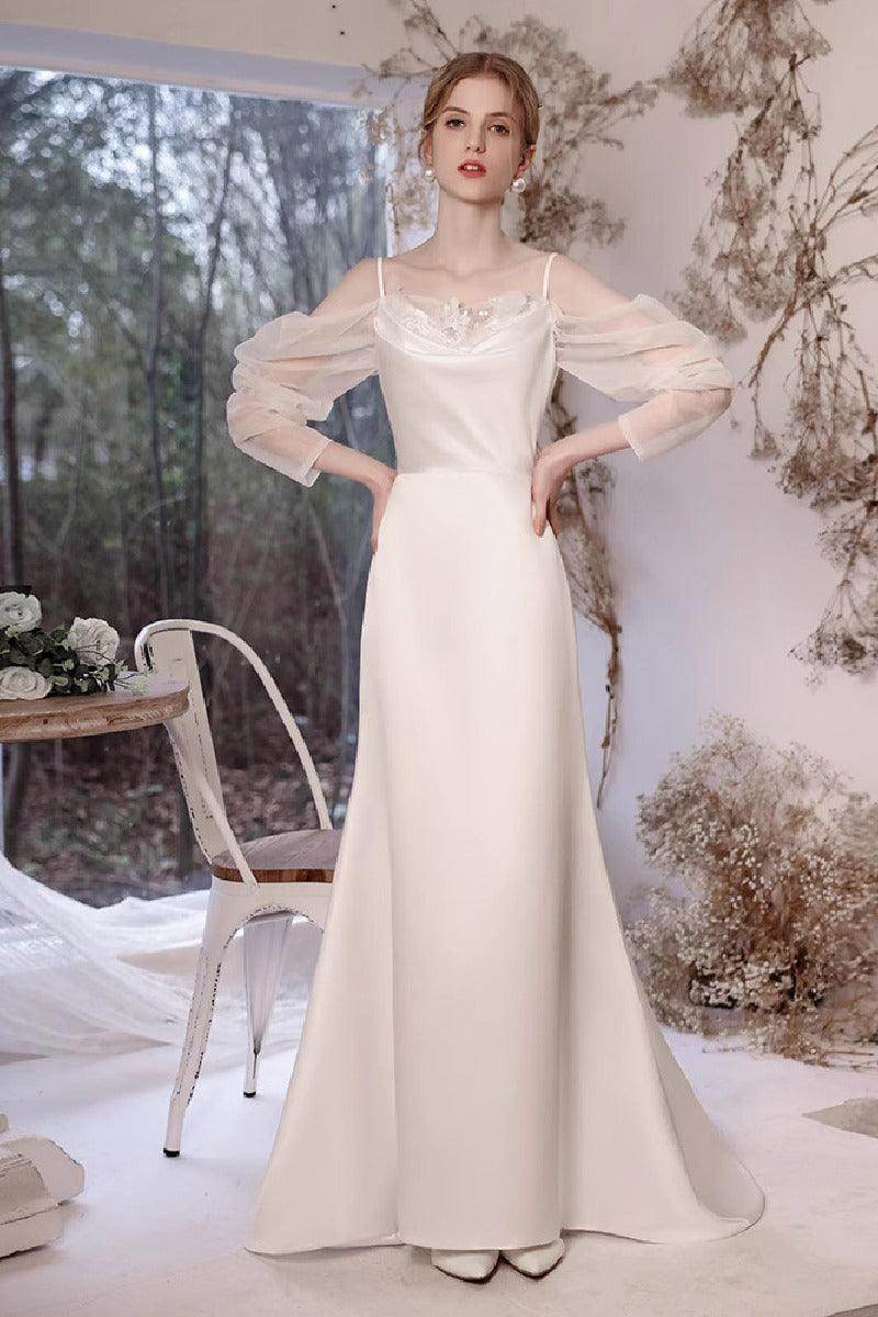 Sheath-Column Sweep-Brush Train Satin Wedding Dress 842075307132 - COCOMELODY
