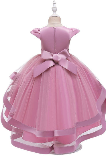 Princess Cap Sleeve High-Low Tulle Satin Ribbon Trim Flower Girl Dresses 1029094443108 - 7 Days / Dusty Rose / 110cm - COCOMELODY