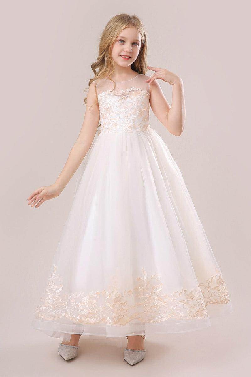 A-Line Illusion Neck Sleeveless Lace/Tulle Flower Girl Dresses 687333472255 - COCOMELODY