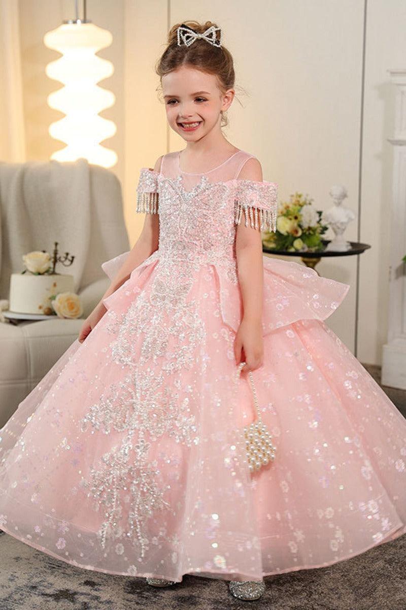 Illusion Neck Off-Shoulder Tassel Shoulder Sparkle Tulle Flower Girl Dresses 957274035794 - 7 Days / Pink / 100cm - COCOMELODY