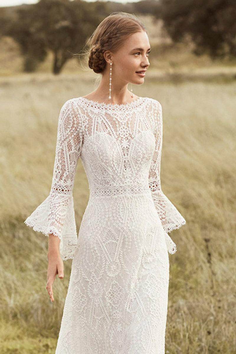 Sheath-Column Sweep-Brush Train Lace Wedding Dress 642360655746 - COCOMELODY