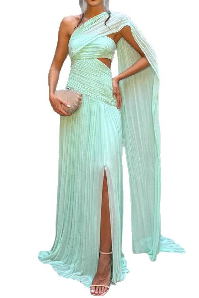 Sheath Maxi Chiffon Wedding Guest Dress Side Cape Pleated Evening Gown COCOMELODY 930801984346, 7 Days / Green / S