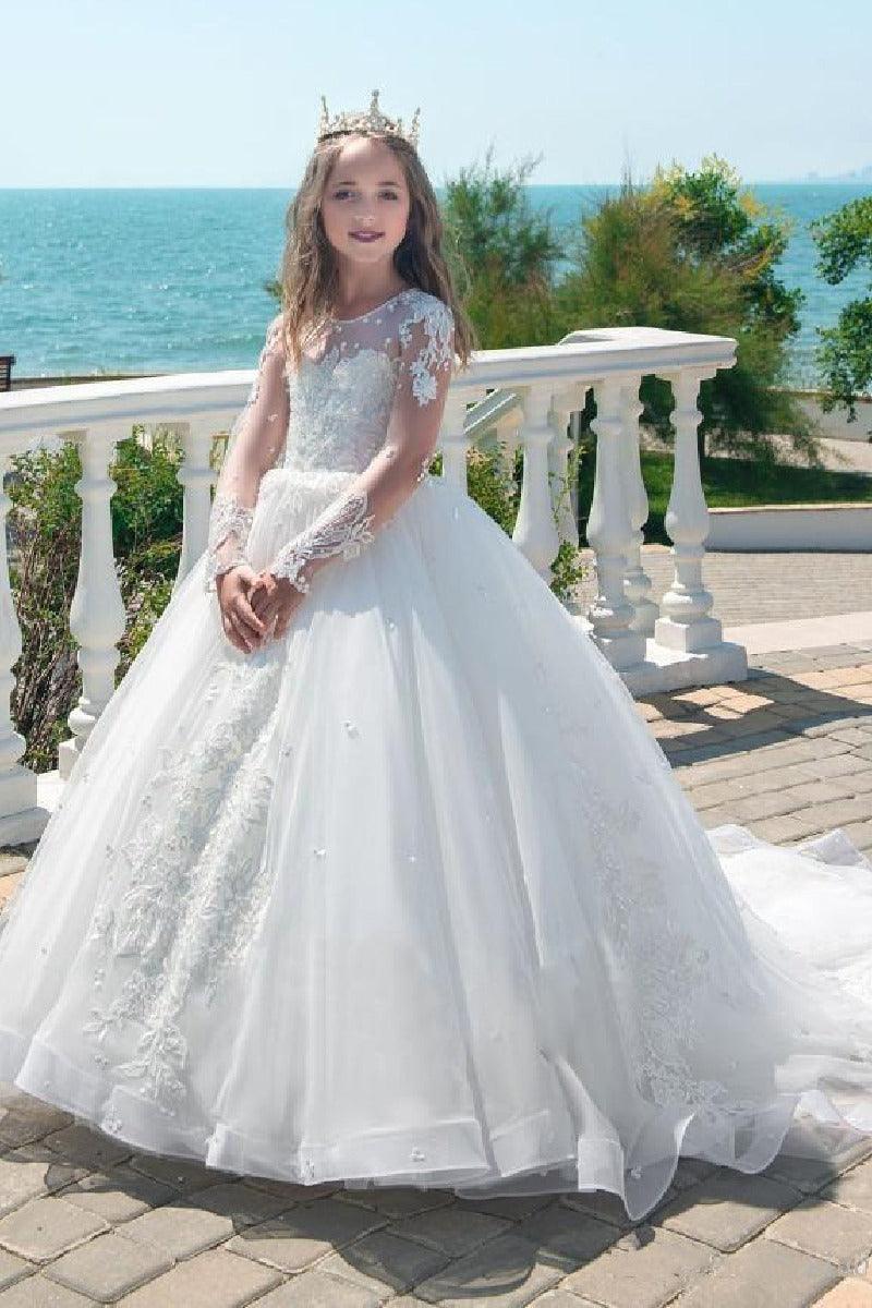Ball Gown Illusion Lace Sleeves Tulle Sweep-Brush Train Flower Girl Dresses 618147584052 - 7 Days / Ivory / 2 - COCOMELODY