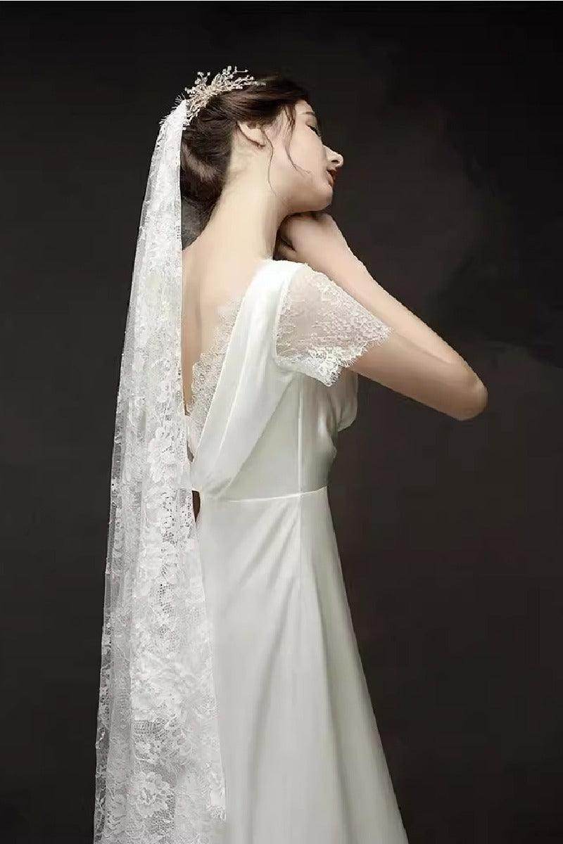 A-Line Sweep-Brush Train Satin Wedding Dress 687832654102 - COCOMELODY