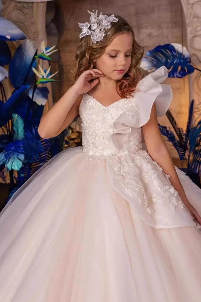 A-Line V-Neck Sleeveless Tulle Sweep-Brush Train Flower Girl Dresses 915121553468 - COCOMELODY