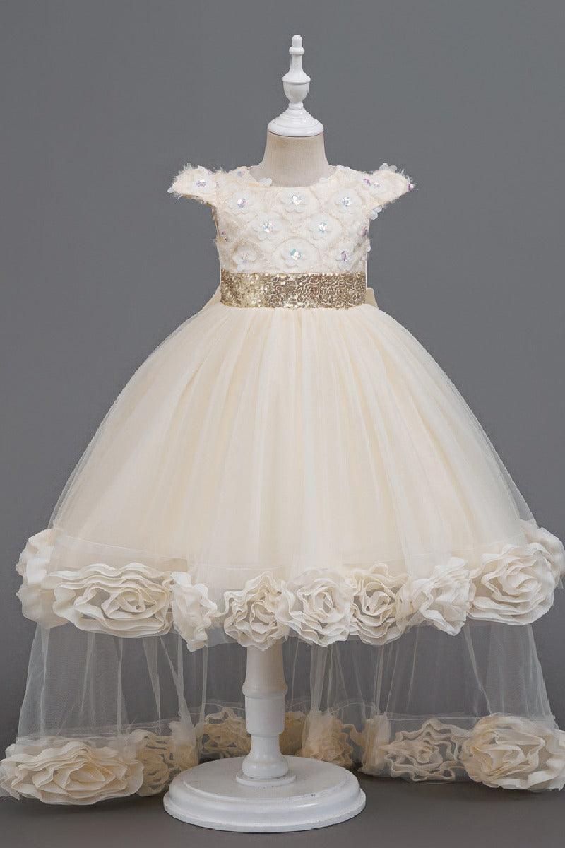 High-Low Cap Sleeve Sequin Lace Tulle Glitter Waistband Flower Girl Dresses 1049651569780 - 7 Days / Ivory / 110cm - COCOMELODY
