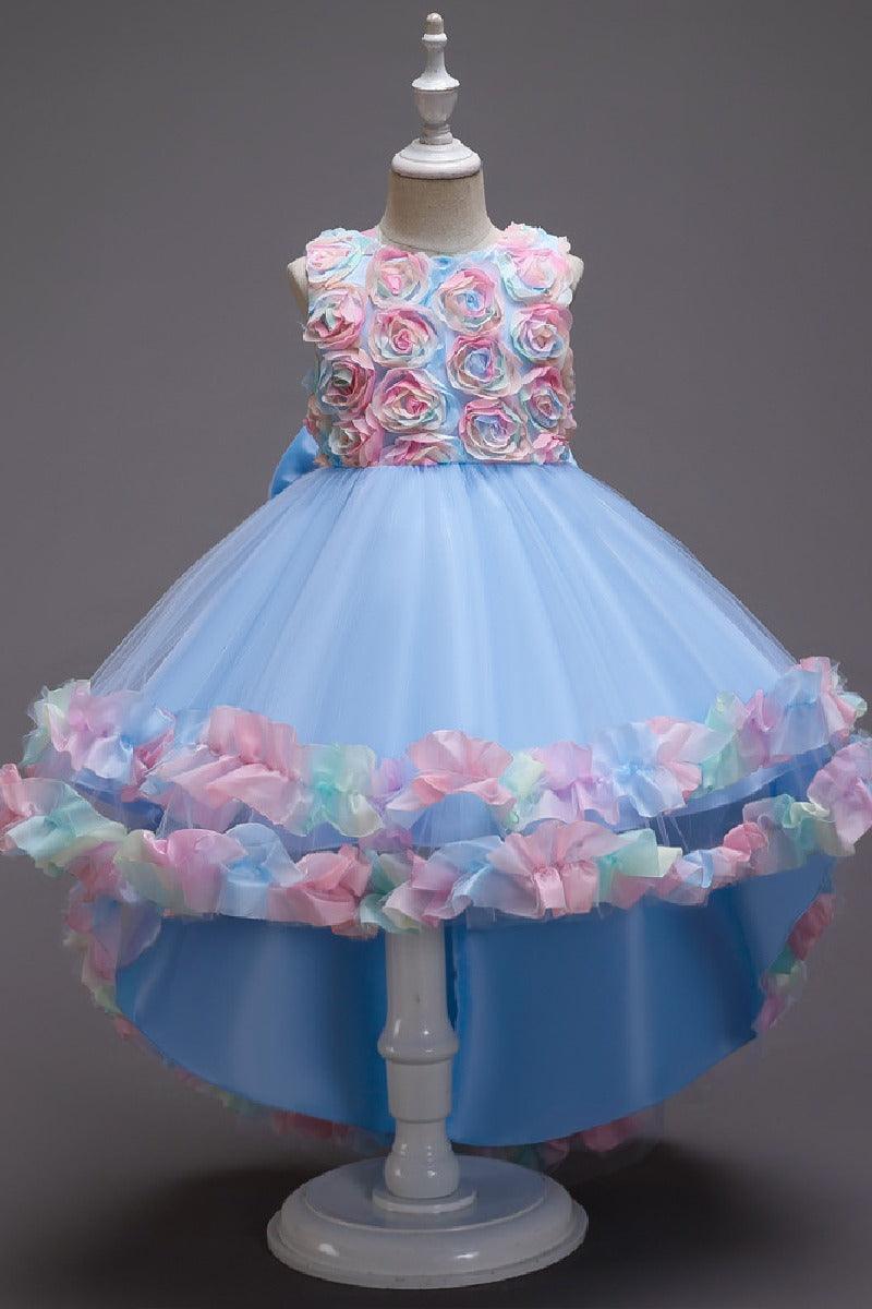 High-Low Sleeveless Tulle Rainbow Ruffle Hem Flower Girl Dresses 1029257838364 - 7 Days / Blue / 110cm - COCOMELODY