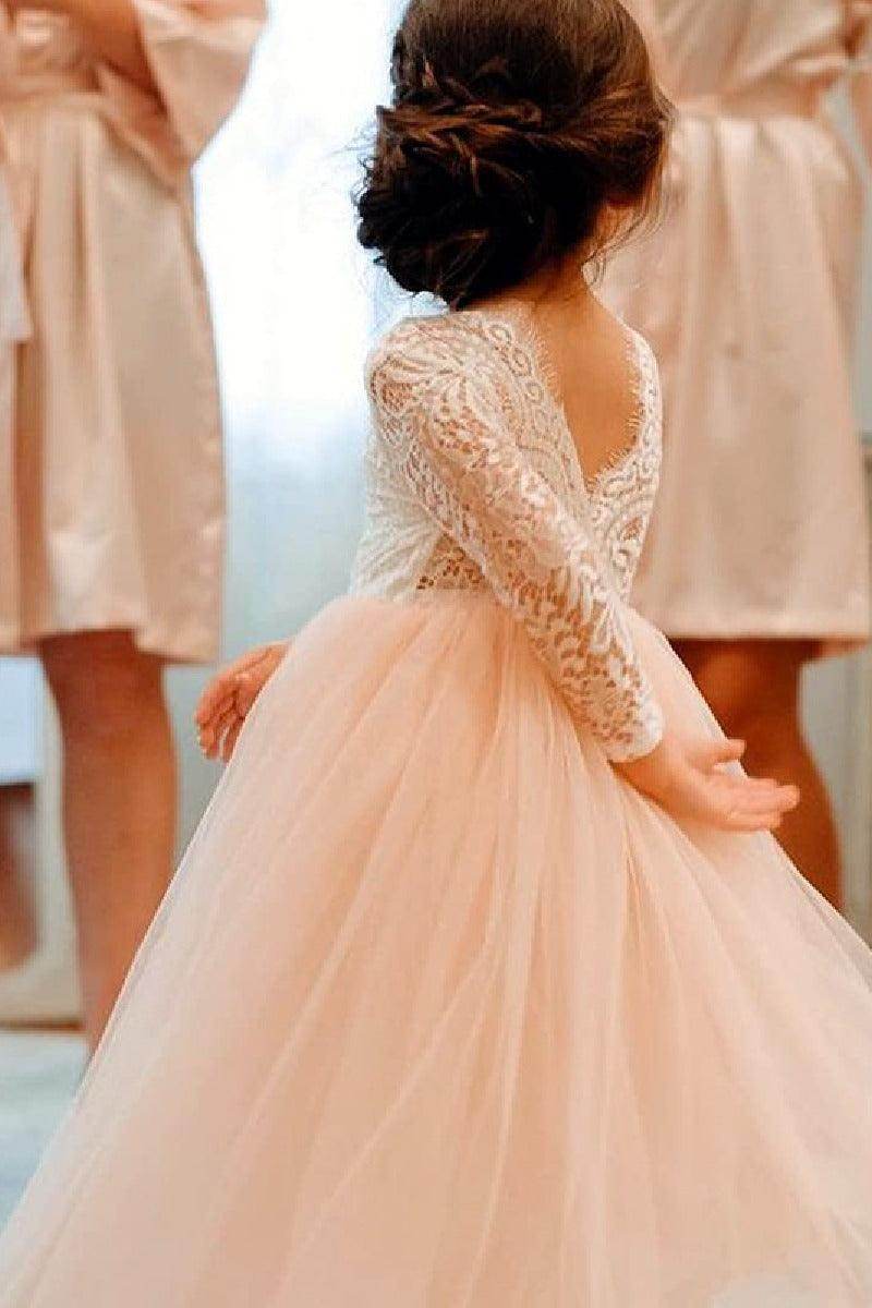 A-Line Scoop Neck Long Sleeve Lace/Tulle Flower Girl Dresses 725541112725 - COCOMELODY