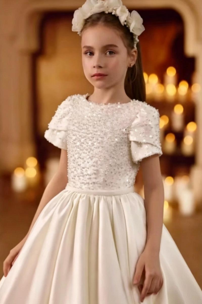 Round Neck Puff Short Sleeve Beaded Bodice Satin Flower Girl Dresses 989473399353 - 15 Days / White / 2 - COCOMELODY